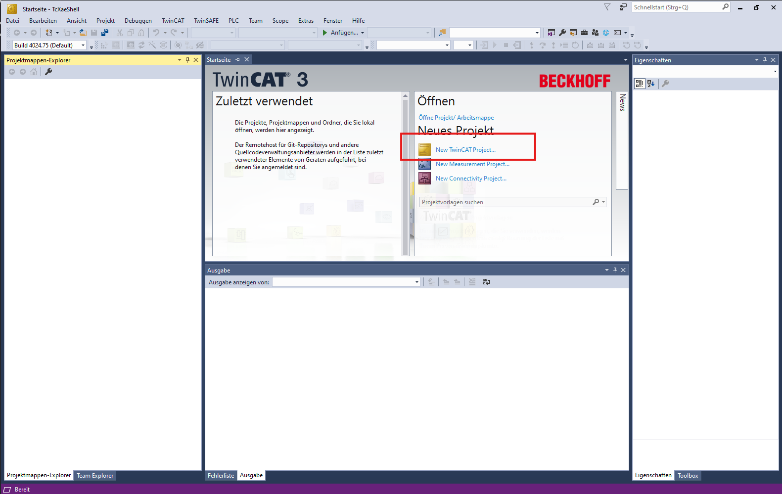 TcXaeShell Startseite – New TwinCAT Project auswählen