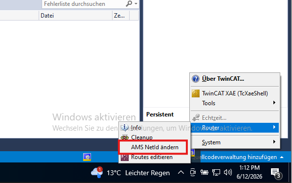 Windows-Infobereich – AMS NetId über Router-Menü öffnen