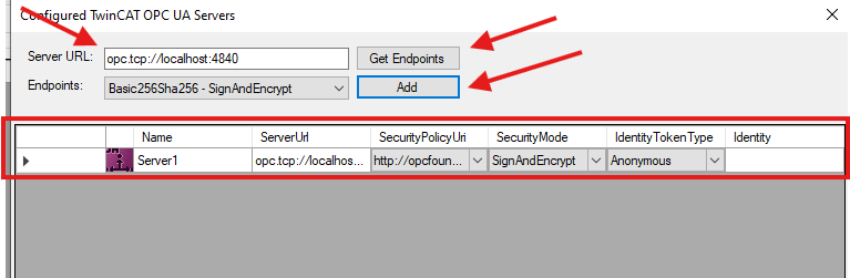TwinCAT OPC UA Configurator – Endpunkt hinzufügen