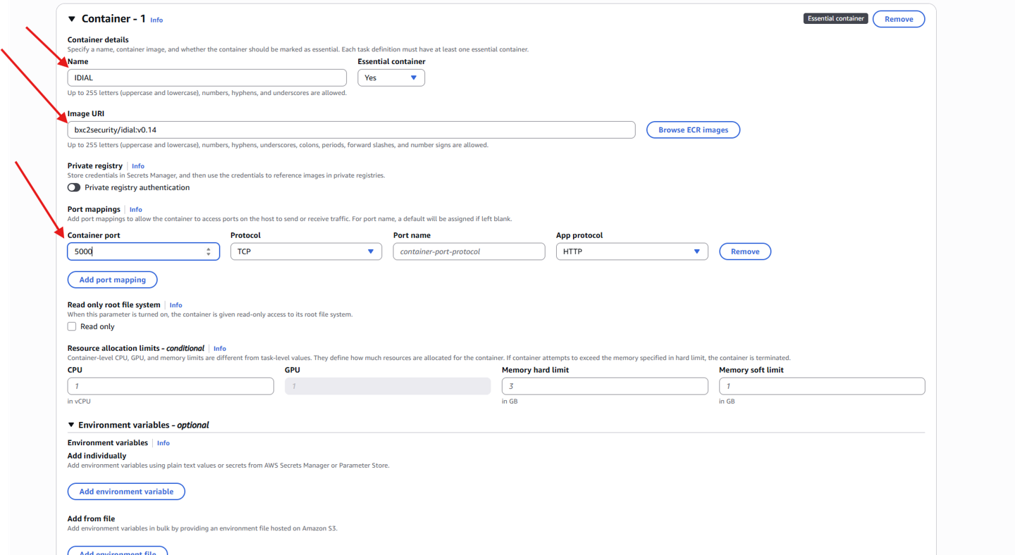 Task Definition – Container settings