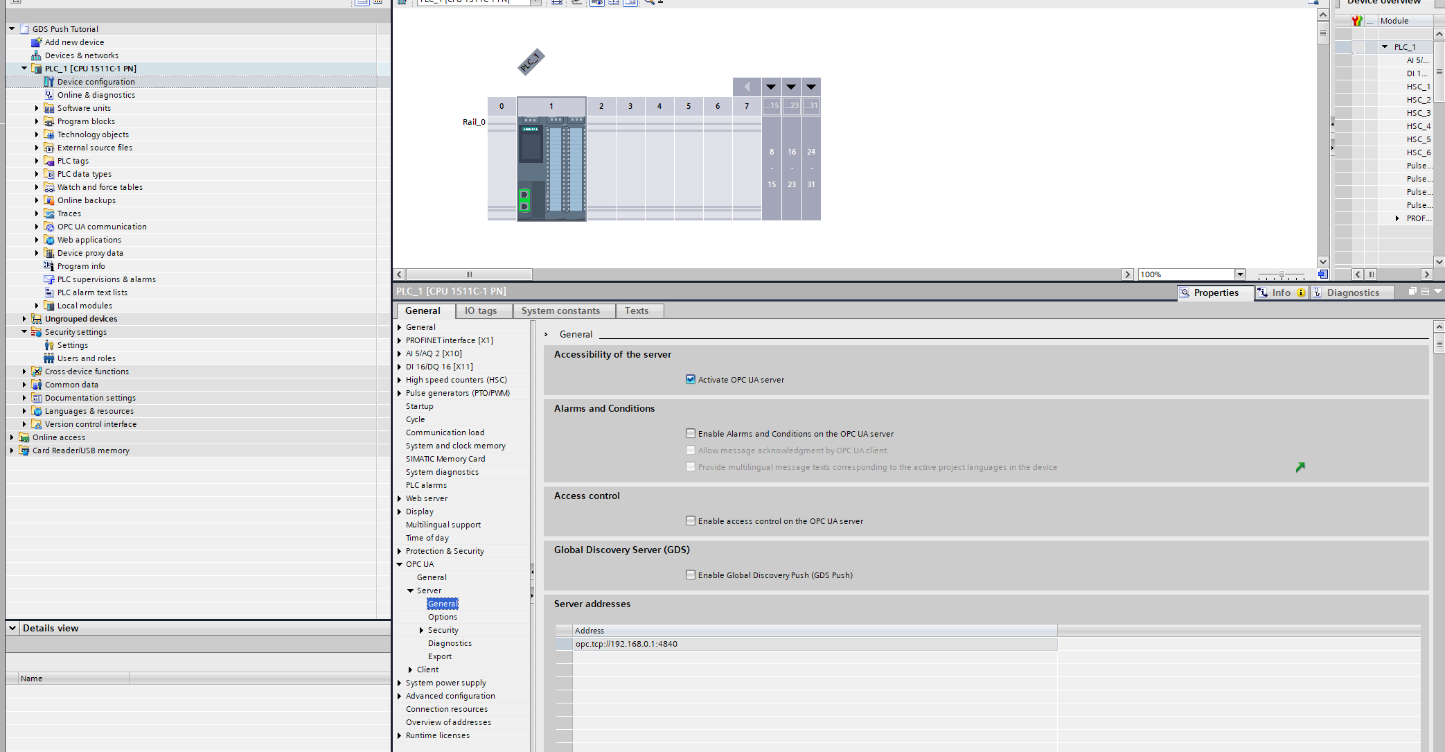Enabling GDS Push in OPC UA server settings