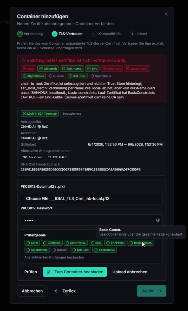 PKCS12 geprüft, alle Checks grün
