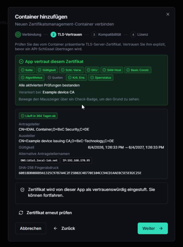 App vertraut diesem Zertifikat