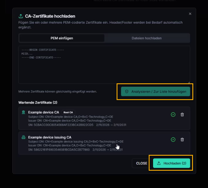 Trust Store Upload-Dialog