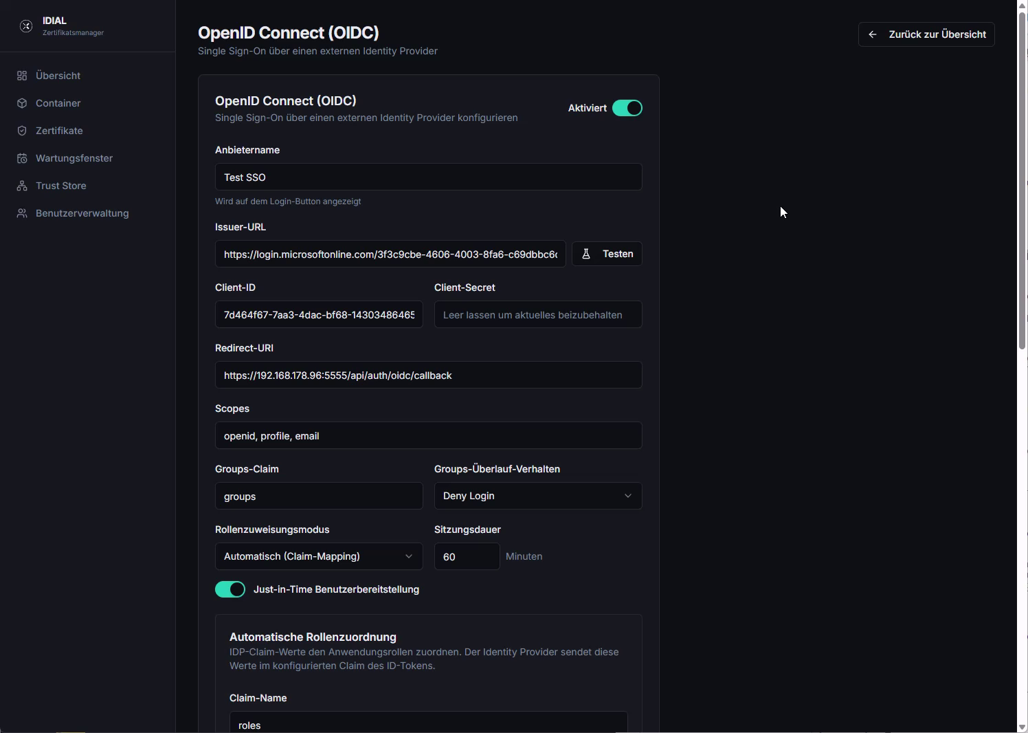 OpenID Connect Konfiguration