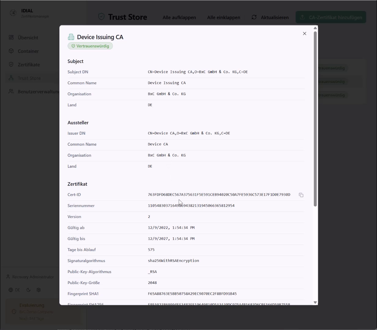 Zertifikatsdetails