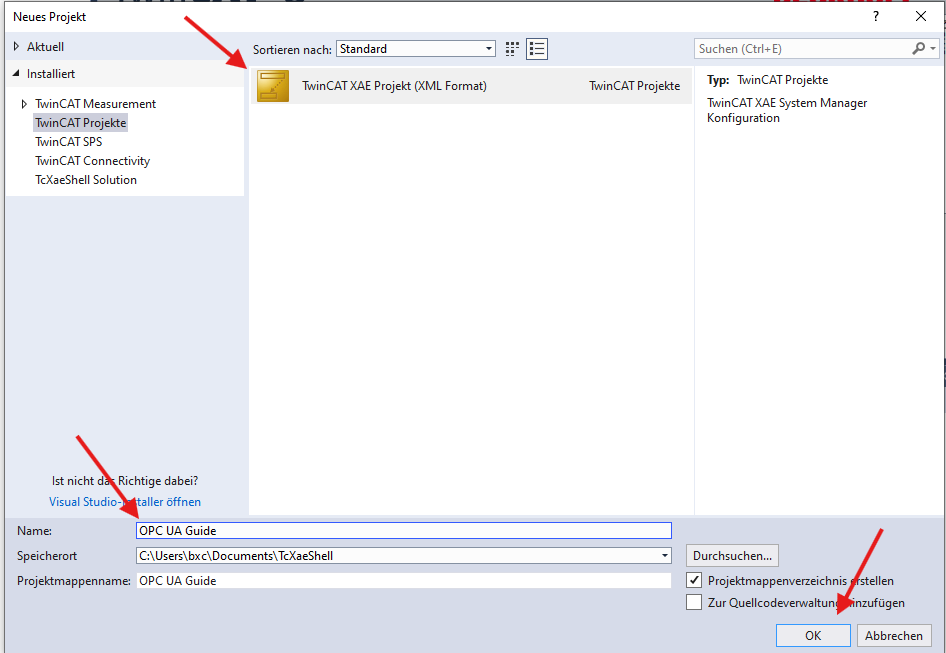 New Project – select TwinCAT XAE Project and enter name