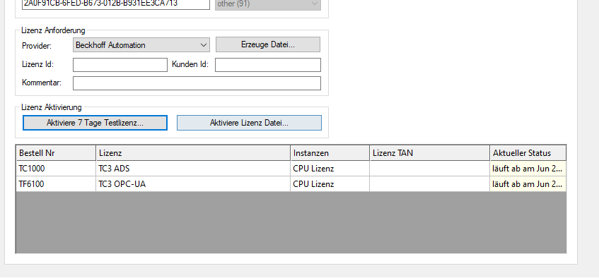 Licenses active – TC1000 and TF6100 confirmed
