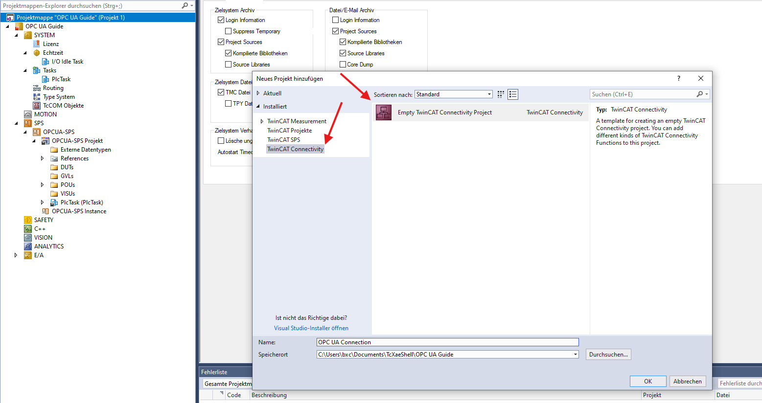New Project – create TwinCAT Connectivity Project