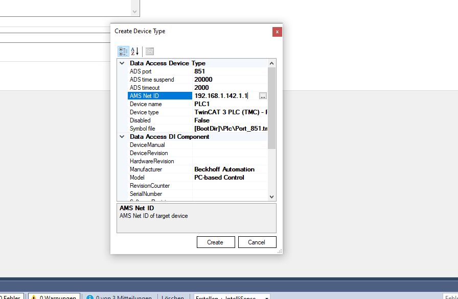 Create Device Type – enter ADS port and AMS Net ID