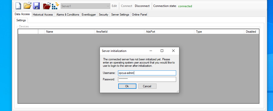 Server Initialization – configure OPC UA user