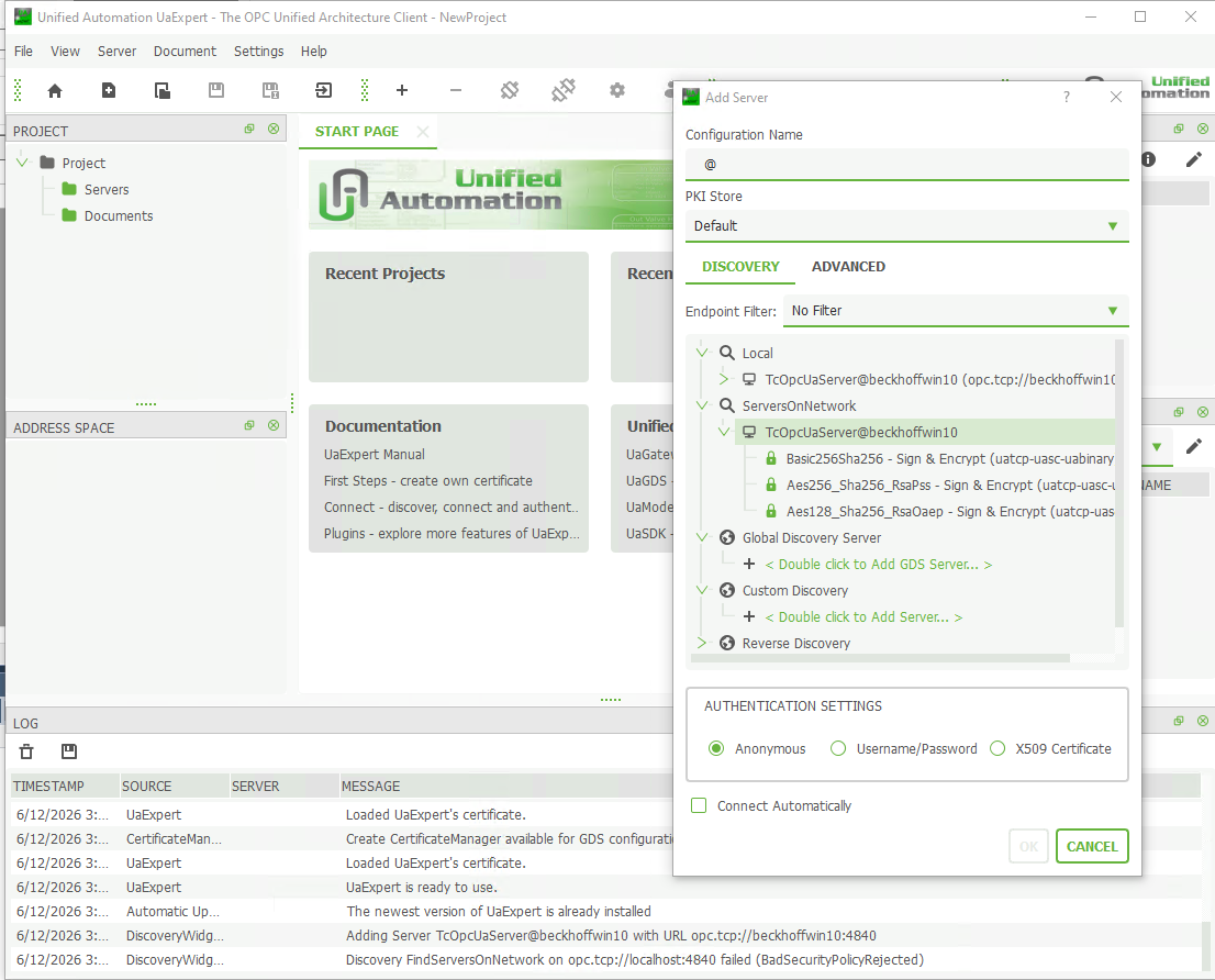 Connection verification with OPC UA client