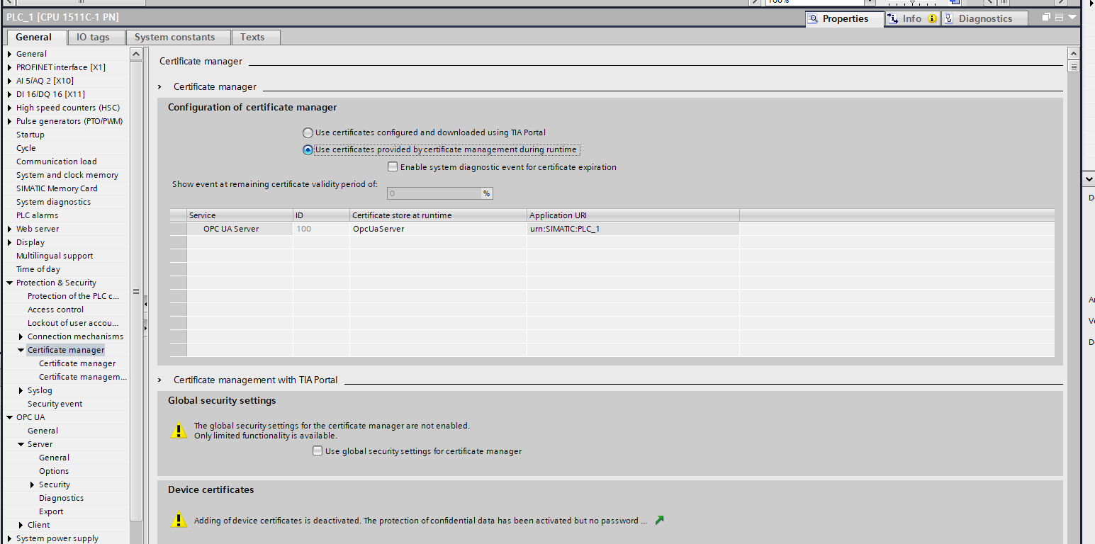 Certificate manager runtime setting in TIA Portal