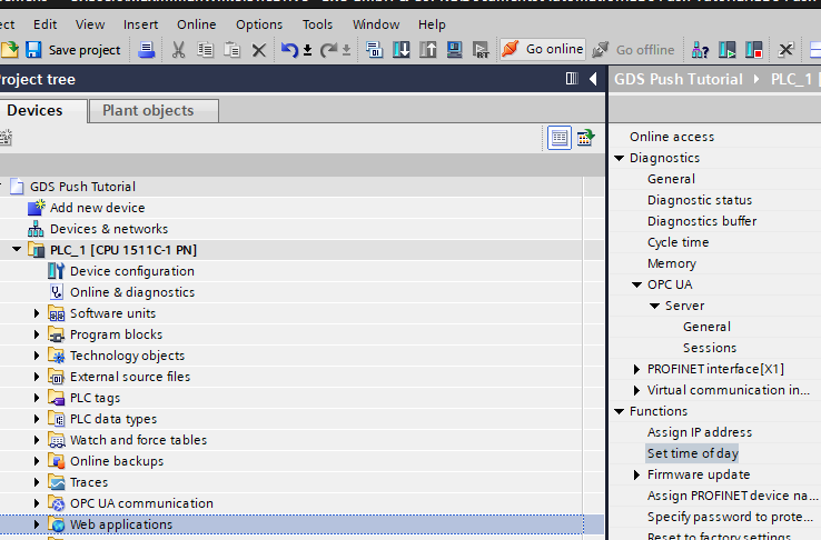 Going online with the CPU in TIA Portal