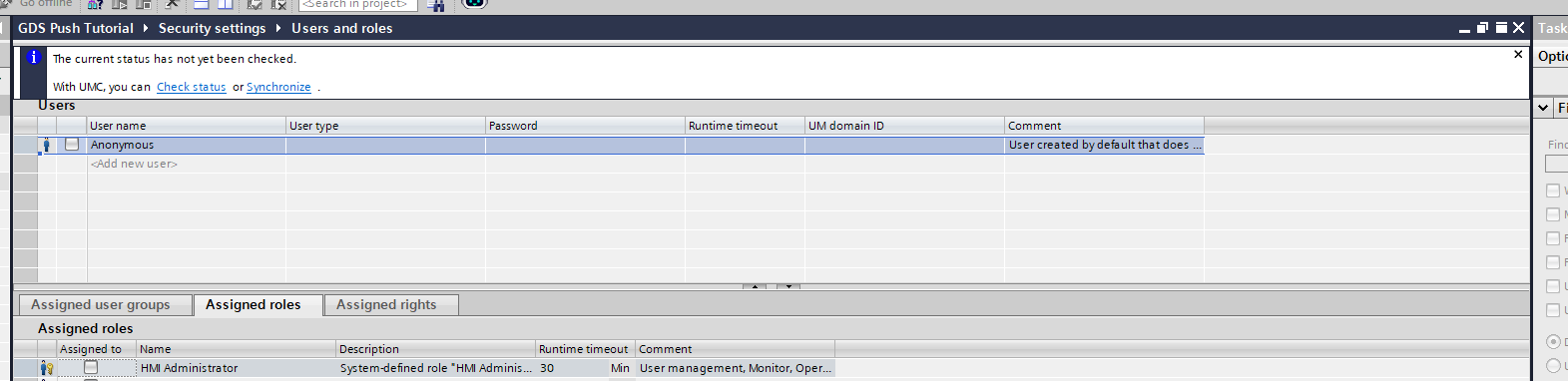 Opening Users and Roles in TIA Portal project tree