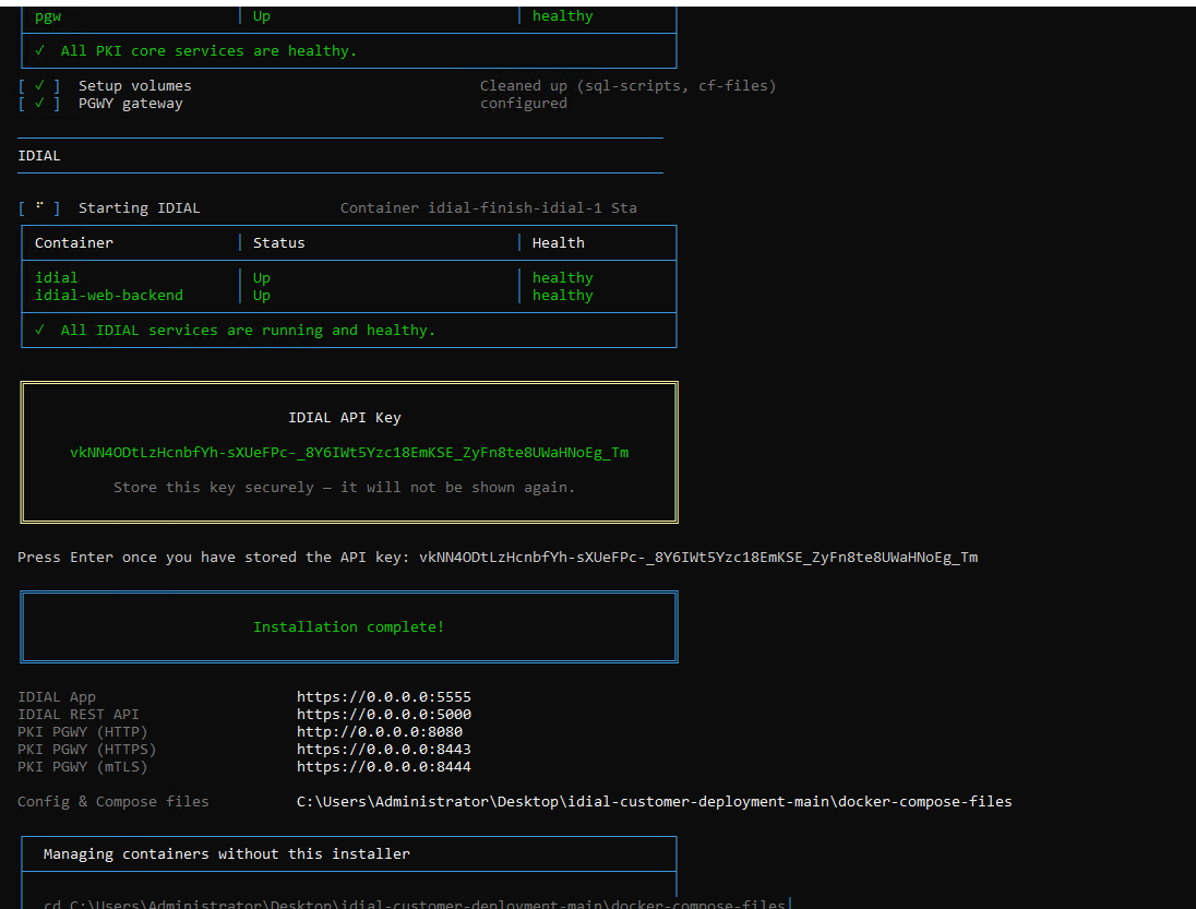 IDIAL API Key and Installation Complete